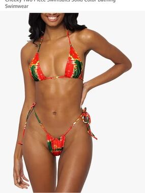 Tie-Side Triangle Bikini Set in Red & Green